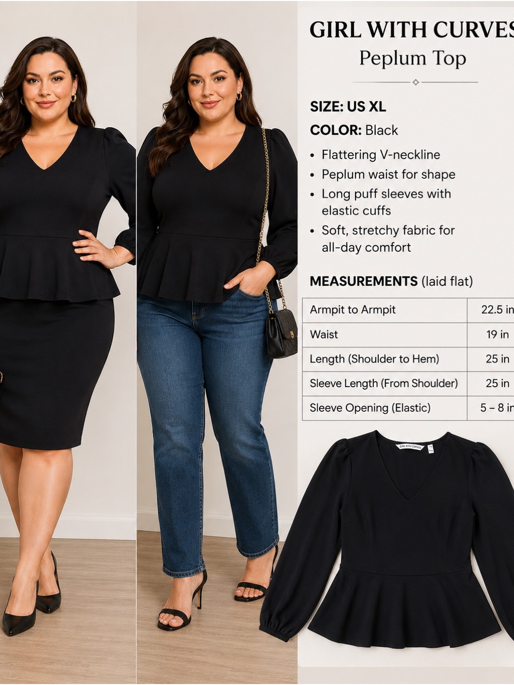 Black Peplum V-Neck Blouse
